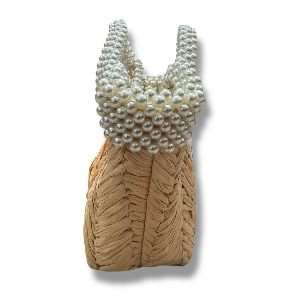 Zara Pearl Straw Rattan Handbag Crossbody Convertible Bag with Gold Chain - Picture 3 of 7